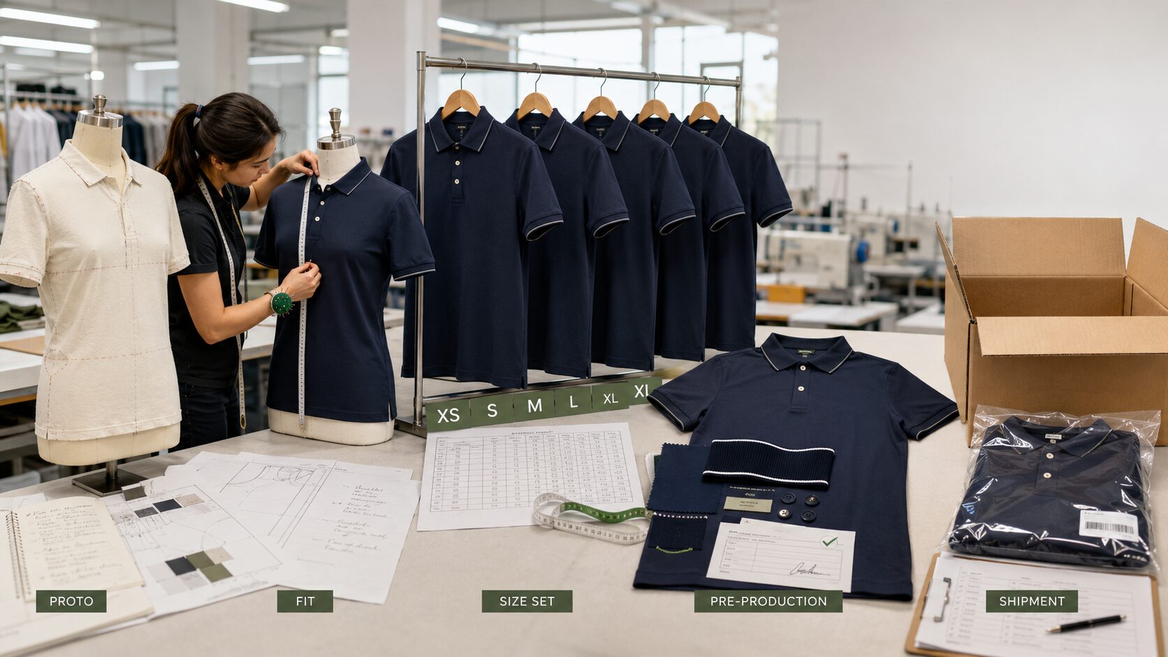 Garment sampling process showing proto fit size-set pre-production and shipment samples