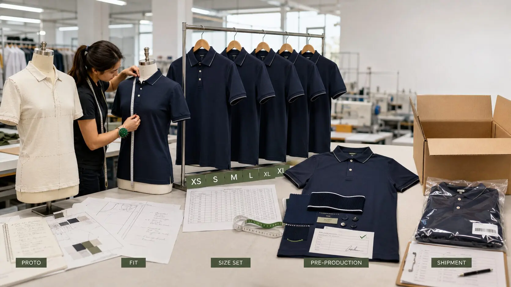 Garment sampling process showing proto fit size-set pre-production and shipment samples